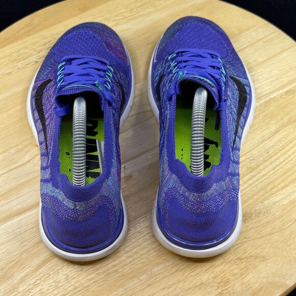 WOMENS 7.5 NIKE FREE 4.0 FLYKNIT RUNNING SHOES PURPLE BLUE WHITE 717076 501 - Picture 8 of 10